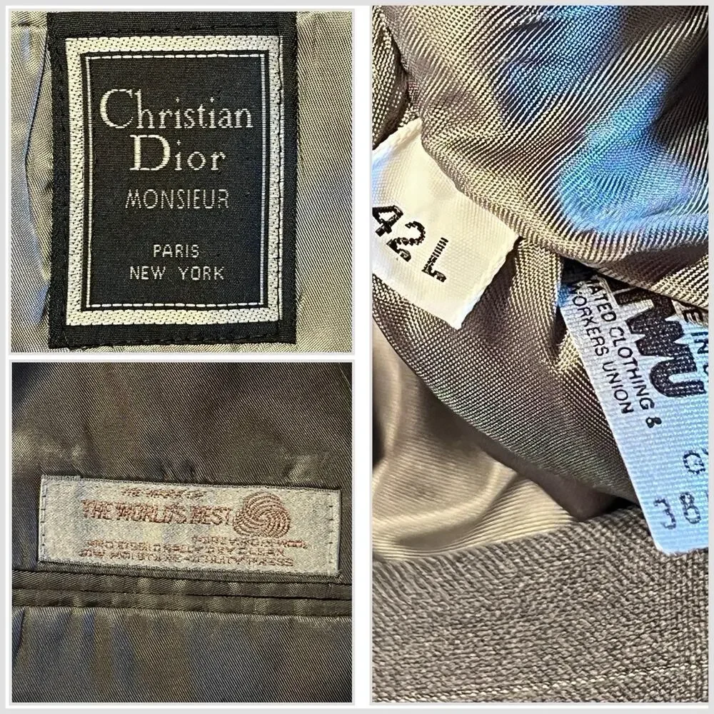 Vtg Christian Dior Monsieur Suit 42L 35x32 Gray Stripe Virgin Wool Designer